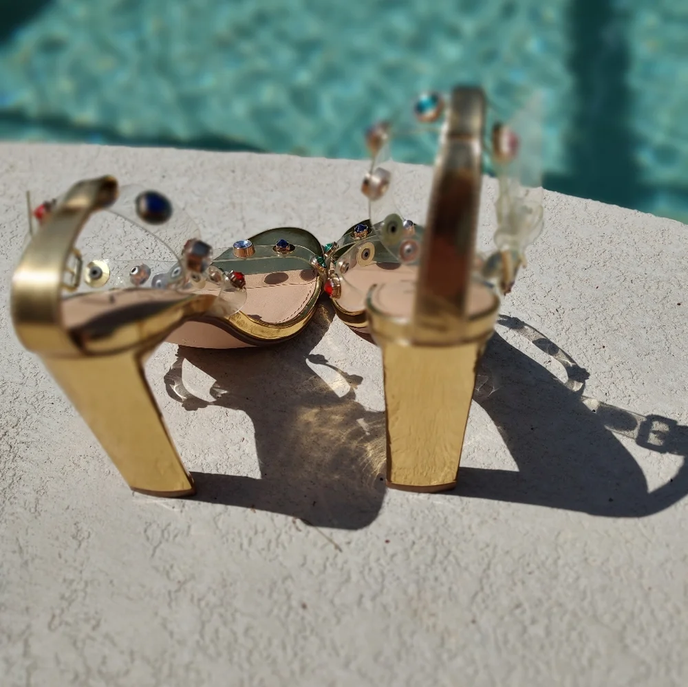Dainty Minimal Gold Heels With Colorful Stones On Straps - Picture 7 of 14